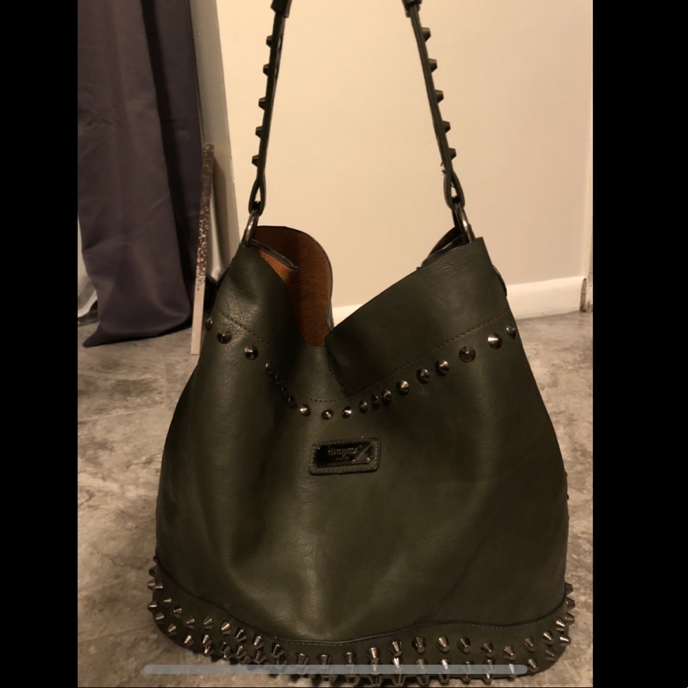 Queens Paris Olive Vegan Leather Studded Hobo Bag